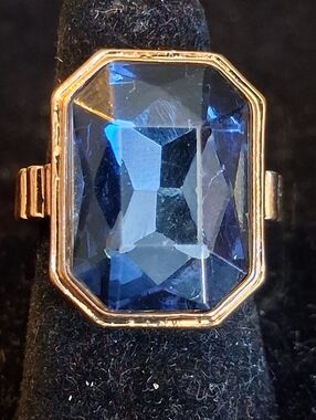 Goldtone Frame Blue Gem Octagon Statement Ring - Women Jewelry